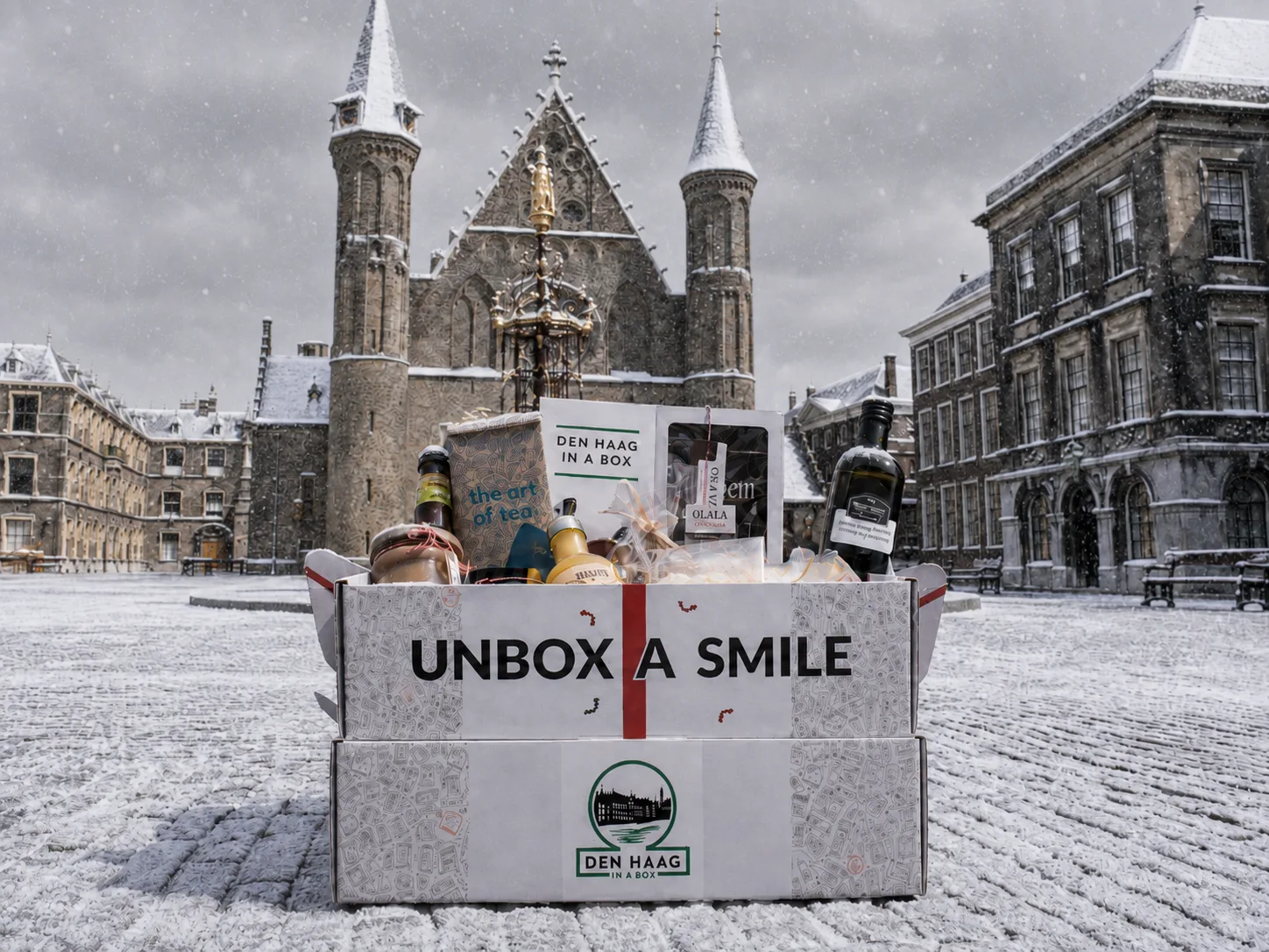 Kerstpakket op het besneeuwde Binnenhof in Den Haag