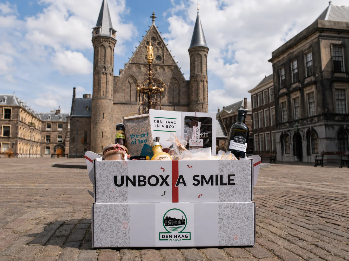 Den Haag in a Box relatiegeschenk op het Binnenhof